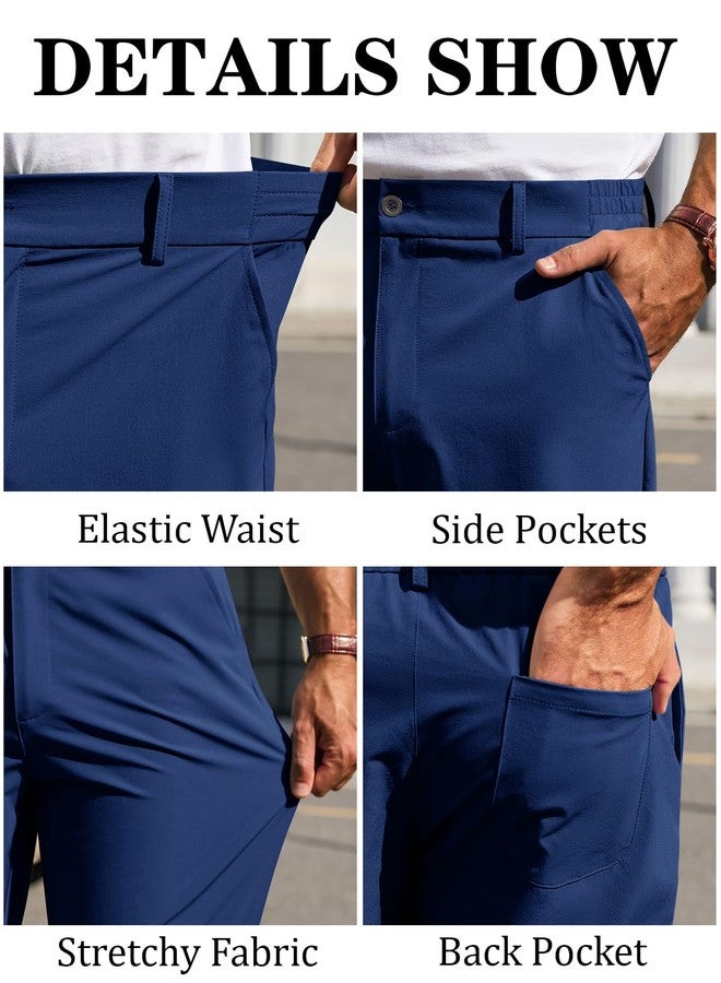 Runcati Mens Stretch Golf Pants Casual Slim Fit Dress Pants Elastic Waist Tapered Work Cropped Trousers Navy Blue - Image 5